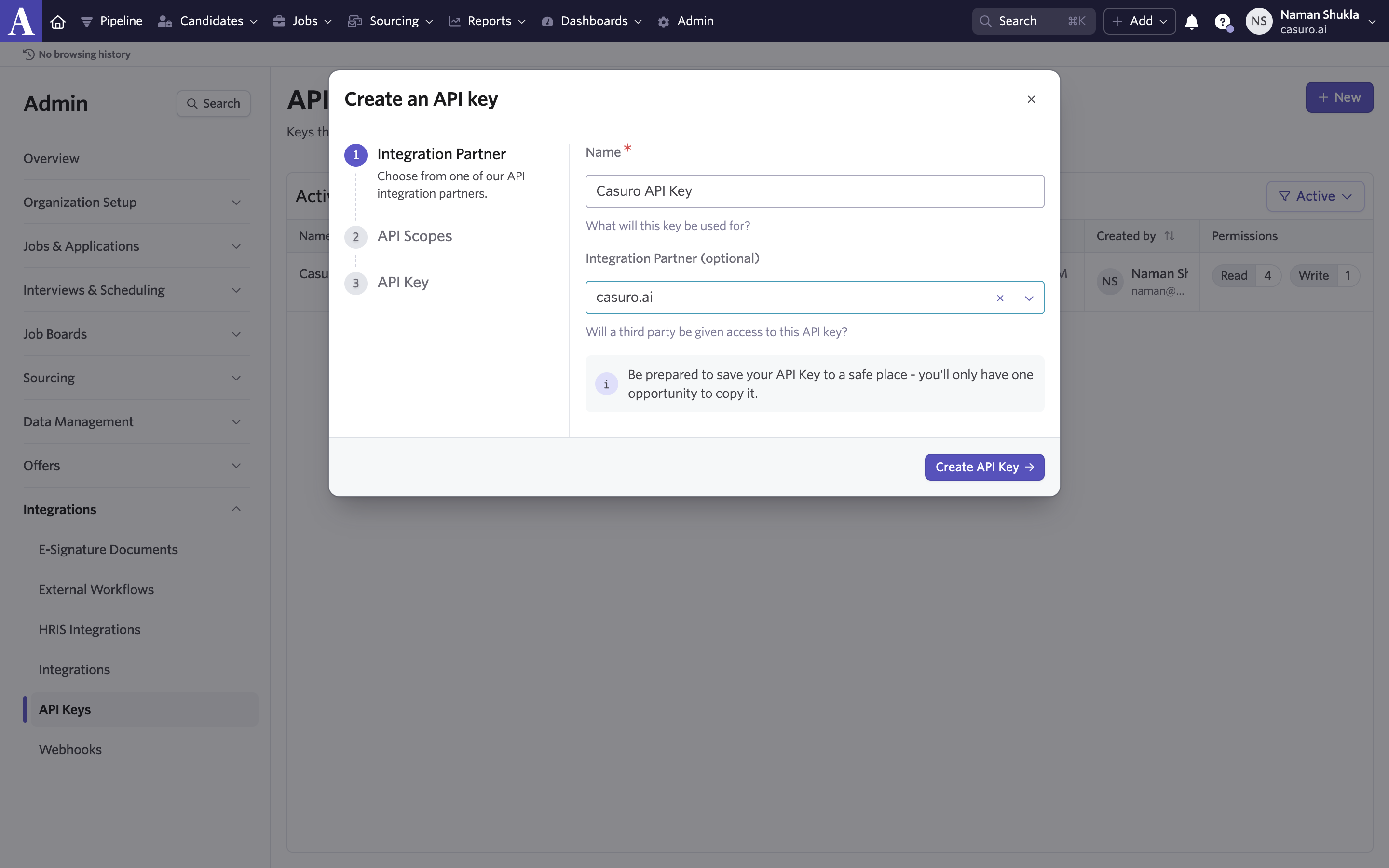 Create API key in Ashby