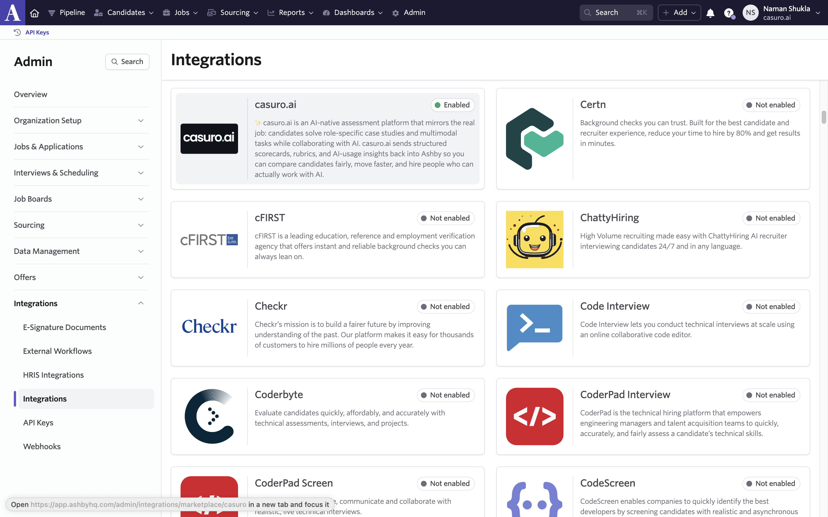 Create API key in casuro.ai