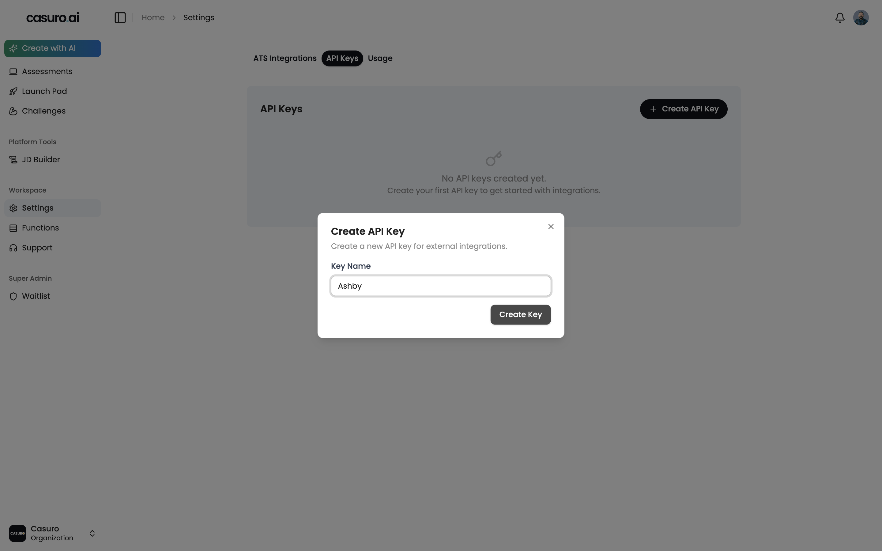 Add casuro.ai API Key in Ashby